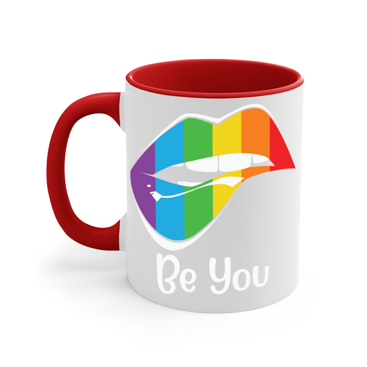 Be You LGBTQ Pride Mug with colorful handle and glossy finish, available in multiple colors and sizes.