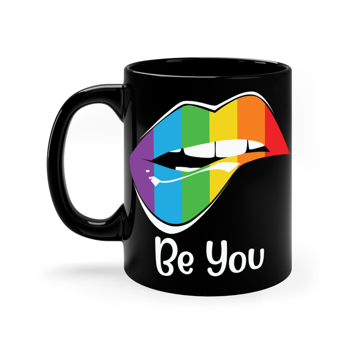 Be You LGBTQ Pride Mug with colorful handle and glossy finish, available in multiple colors and sizes.