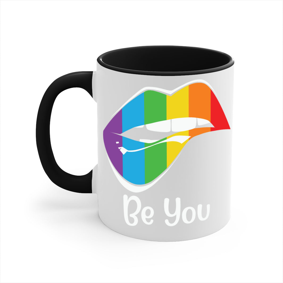 Be You LGBTQ Pride Mug with colorful handle and glossy finish, available in multiple colors and sizes.