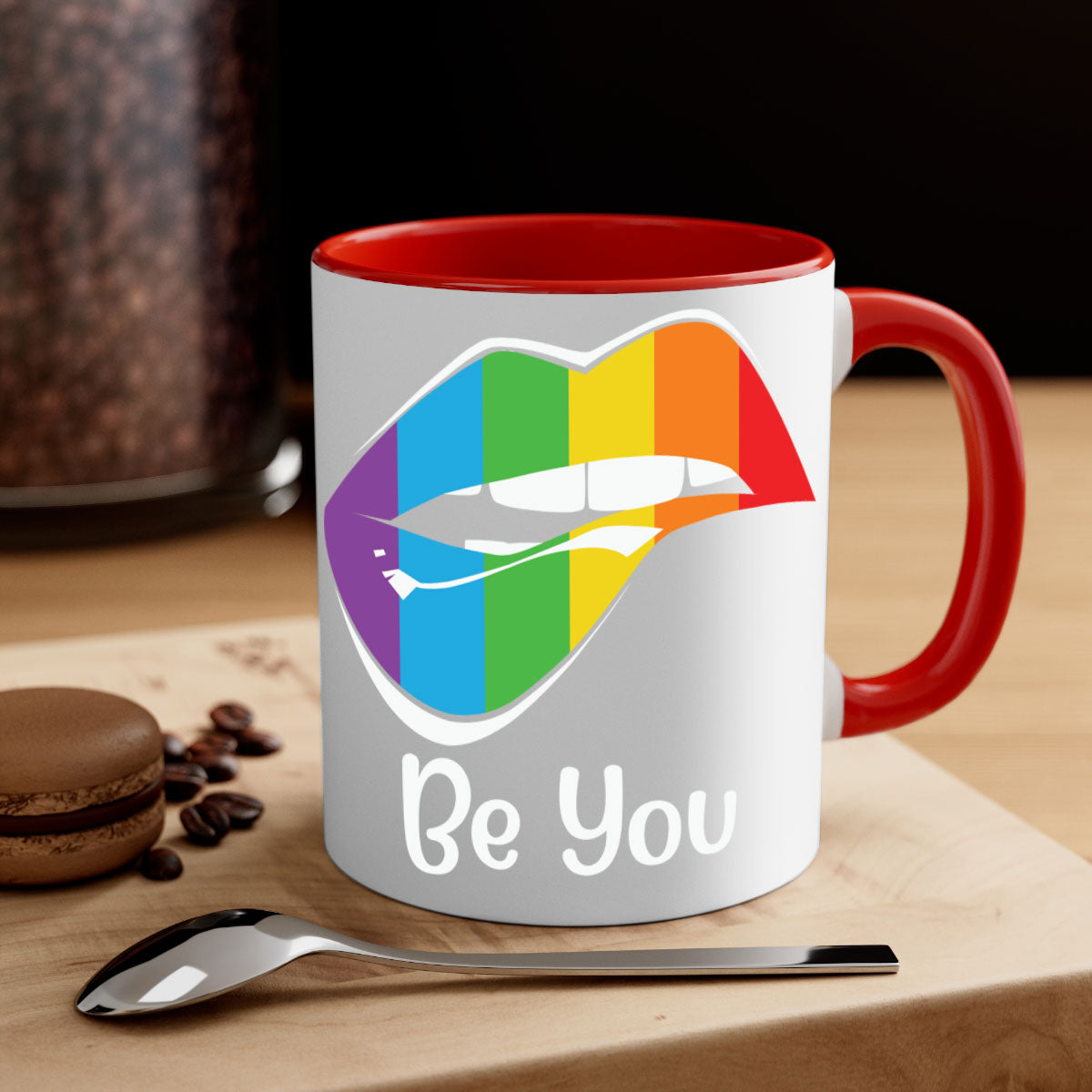Be You LGBTQ Pride Mug with colorful handle and glossy finish, available in multiple colors and sizes.