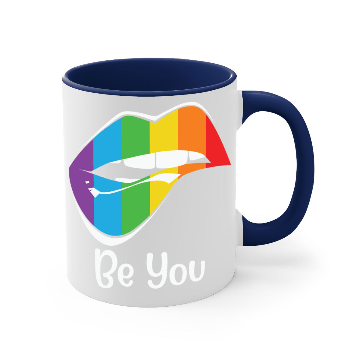 Be You LGBTQ Pride Mug with colorful handle and glossy finish, available in multiple colors and sizes.