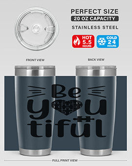Be You Style 44# autism tumbler in stainless steel with a vibrant design, showcasing its double wall vacuum insulation and drink-thru lid.