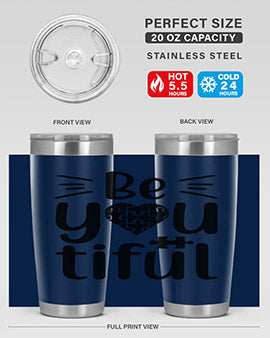 Be You Style 44# autism tumbler in stainless steel with a vibrant design, showcasing its double wall vacuum insulation and drink-thru lid.