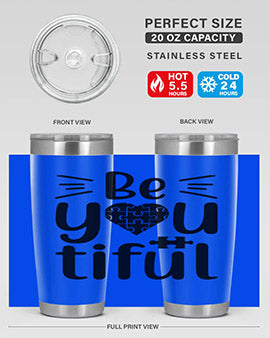 Be You Style 44# autism tumbler in stainless steel with a vibrant design, showcasing its double wall vacuum insulation and drink-thru lid.