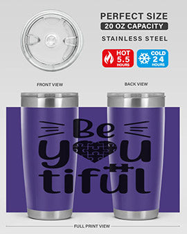 Be You Style 44# autism tumbler in stainless steel with a vibrant design, showcasing its double wall vacuum insulation and drink-thru lid.