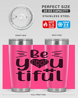 Be You Style 44# autism tumbler in stainless steel with a vibrant design, showcasing its double wall vacuum insulation and drink-thru lid.