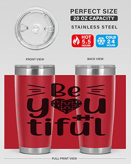 Be You Style 44# autism tumbler in stainless steel with a vibrant design, showcasing its double wall vacuum insulation and drink-thru lid.