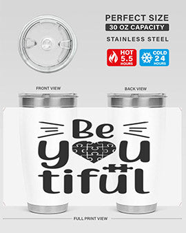 Be You Style 44# autism tumbler in stainless steel with a vibrant design, showcasing its double wall vacuum insulation and drink-thru lid.