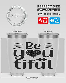 Be You Style 44# autism tumbler in stainless steel with a vibrant design, showcasing its double wall vacuum insulation and drink-thru lid.