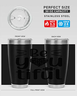 Be You Style 44# autism tumbler in stainless steel with a vibrant design, showcasing its double wall vacuum insulation and drink-thru lid.