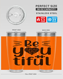 Be You Style 44# autism tumbler in stainless steel with a vibrant design, showcasing its double wall vacuum insulation and drink-thru lid.