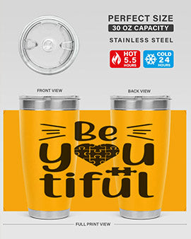 Be You Style 44# autism tumbler in stainless steel with a vibrant design, showcasing its double wall vacuum insulation and drink-thru lid.
