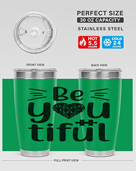 Be You Style 44# autism tumbler in stainless steel with a vibrant design, showcasing its double wall vacuum insulation and drink-thru lid.