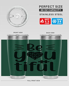 Be You Style 44# autism tumbler in stainless steel with a vibrant design, showcasing its double wall vacuum insulation and drink-thru lid.