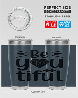 Be You Style 44# autism tumbler in stainless steel with a vibrant design, showcasing its double wall vacuum insulation and drink-thru lid.