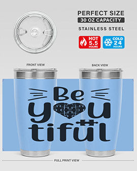 Be You Style 44# autism tumbler in stainless steel with a vibrant design, showcasing its double wall vacuum insulation and drink-thru lid.
