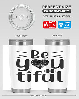 Be You Style 44# autism tumbler in stainless steel with a vibrant design, showcasing its double wall vacuum insulation and drink-thru lid.