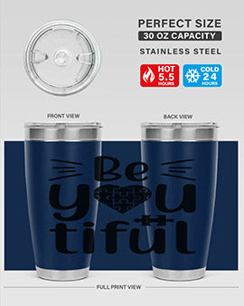 Be You Style 44# autism tumbler in stainless steel with a vibrant design, showcasing its double wall vacuum insulation and drink-thru lid.