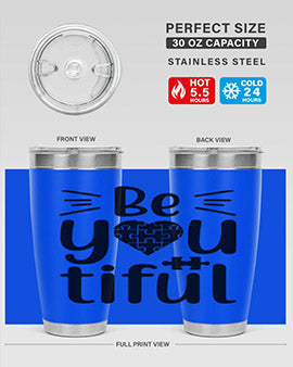 Be You Style 44# autism tumbler in stainless steel with a vibrant design, showcasing its double wall vacuum insulation and drink-thru lid.