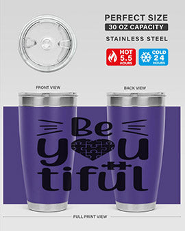 Be You Style 44# autism tumbler in stainless steel with a vibrant design, showcasing its double wall vacuum insulation and drink-thru lid.
