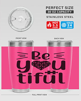 Be You Style 44# autism tumbler in stainless steel with a vibrant design, showcasing its double wall vacuum insulation and drink-thru lid.