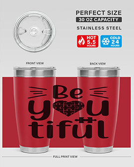 Be You Style 44# autism tumbler in stainless steel with a vibrant design, showcasing its double wall vacuum insulation and drink-thru lid.
