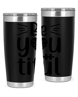 Be You Style 44# autism tumbler in stainless steel with a vibrant design, showcasing its double wall vacuum insulation and drink-thru lid.