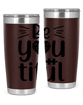 Be You Style 44# autism tumbler in stainless steel with a vibrant design, showcasing its double wall vacuum insulation and drink-thru lid.