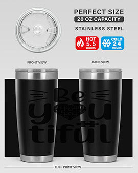 Be You Style 44# autism tumbler in stainless steel with a vibrant design, showcasing its double wall vacuum insulation and drink-thru lid.