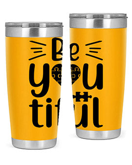 Be You Style 44# autism tumbler in stainless steel with a vibrant design, showcasing its double wall vacuum insulation and drink-thru lid.