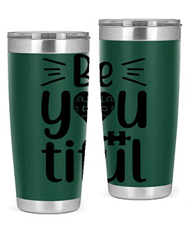 Be You Style 44# autism tumbler in stainless steel with a vibrant design, showcasing its double wall vacuum insulation and drink-thru lid.