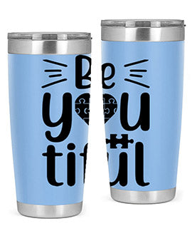 Be You Style 44# autism tumbler in stainless steel with a vibrant design, showcasing its double wall vacuum insulation and drink-thru lid.