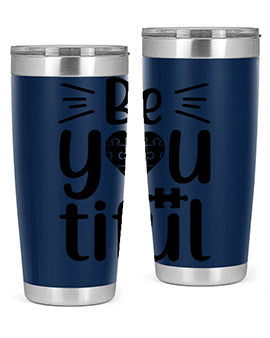 Be You Style 44# autism tumbler in stainless steel with a vibrant design, showcasing its double wall vacuum insulation and drink-thru lid.