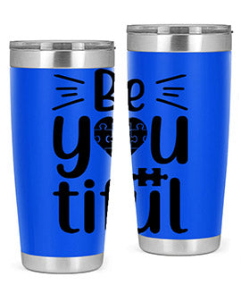 Be You Style 44# autism tumbler in stainless steel with a vibrant design, showcasing its double wall vacuum insulation and drink-thru lid.