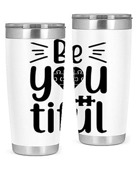 Be You Style 44# autism tumbler in stainless steel with a vibrant design, showcasing its double wall vacuum insulation and drink-thru lid.
