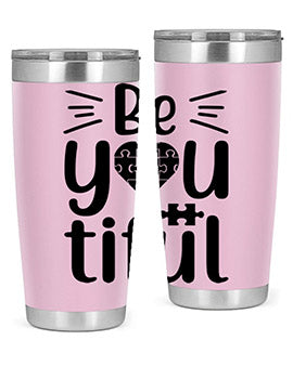 Be You Style 44# autism tumbler in stainless steel with a vibrant design, showcasing its double wall vacuum insulation and drink-thru lid.