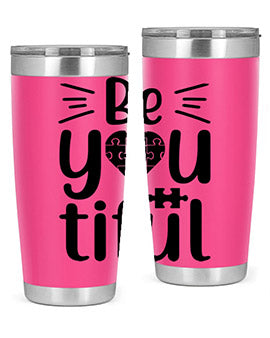 Be You Style 44# autism tumbler in stainless steel with a vibrant design, showcasing its double wall vacuum insulation and drink-thru lid.