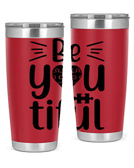 Be You Style 44# autism tumbler in stainless steel with a vibrant design, showcasing its double wall vacuum insulation and drink-thru lid.