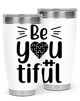 Be You Style 44# autism tumbler in stainless steel with a vibrant design, showcasing its double wall vacuum insulation and drink-thru lid.