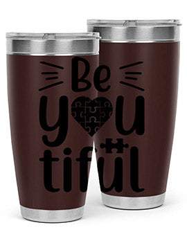 Be You Style 44# autism tumbler in stainless steel with a vibrant design, showcasing its double wall vacuum insulation and drink-thru lid.