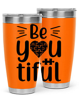 Be You Style 44# autism tumbler in stainless steel with a vibrant design, showcasing its double wall vacuum insulation and drink-thru lid.