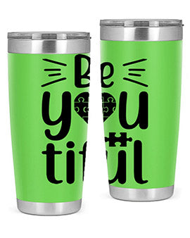Be You Style 44# autism tumbler in stainless steel with a vibrant design, showcasing its double wall vacuum insulation and drink-thru lid.