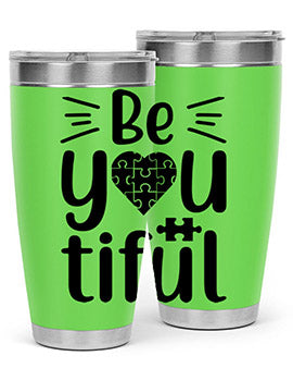 Be You Style 44# autism tumbler in stainless steel with a vibrant design, showcasing its double wall vacuum insulation and drink-thru lid.