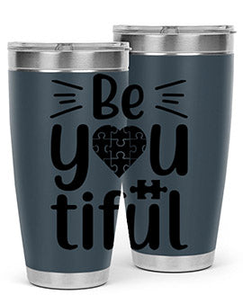 Be You Style 44# autism tumbler in stainless steel with a vibrant design, showcasing its double wall vacuum insulation and drink-thru lid.