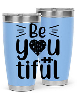 Be You Style 44# autism tumbler in stainless steel with a vibrant design, showcasing its double wall vacuum insulation and drink-thru lid.