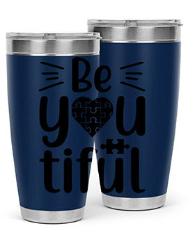 Be You Style 44# autism tumbler in stainless steel with a vibrant design, showcasing its double wall vacuum insulation and drink-thru lid.