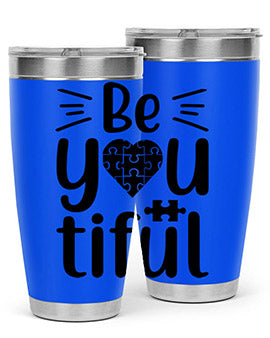 Be You Style 44# autism tumbler in stainless steel with a vibrant design, showcasing its double wall vacuum insulation and drink-thru lid.