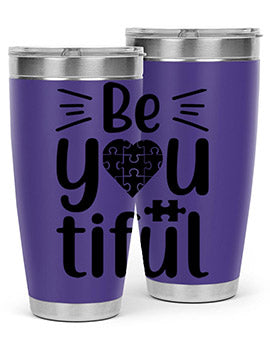 Be You Style 44# autism tumbler in stainless steel with a vibrant design, showcasing its double wall vacuum insulation and drink-thru lid.