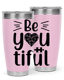 Be You Style 44# autism tumbler in stainless steel with a vibrant design, showcasing its double wall vacuum insulation and drink-thru lid.