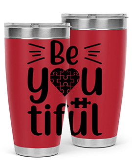 Be You Style 44# autism tumbler in stainless steel with a vibrant design, showcasing its double wall vacuum insulation and drink-thru lid.